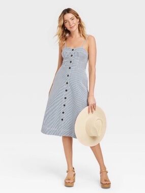 Universal Thread Blue and White Striped Midi Dress with Buttons